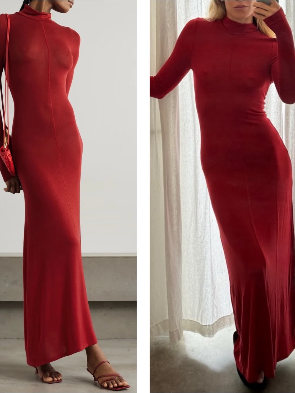 ST. AGNI Long Sleeve Knit Jersey Sheer Red Maxi Dress Size Small